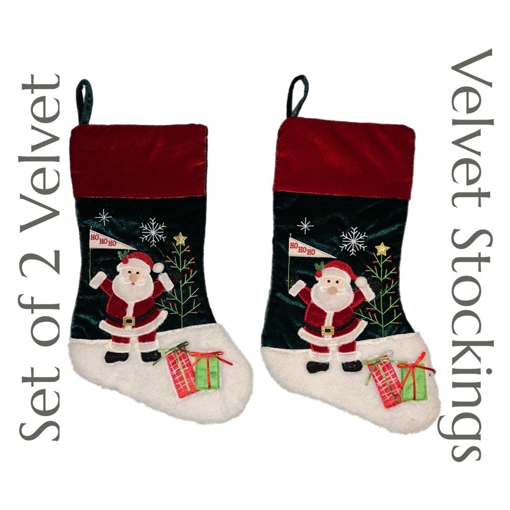 Velvet Santa Christmas Stockings Set of 2 Ho Ho Ho Flag Embroidered Appliqué‎